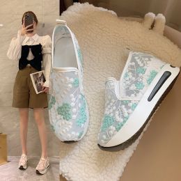 Women's Fashion Lace Mesh Casual High Heel Sneakers (Option: Green-40)