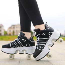 Boys And Girls Double Wheel Row Sneakers Can Be Put Away (Option: 1208Black-38)