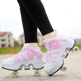 Boys And Girls Double Wheel Row Sneakers Can Be Put Away (Option: 1208Pink-38)